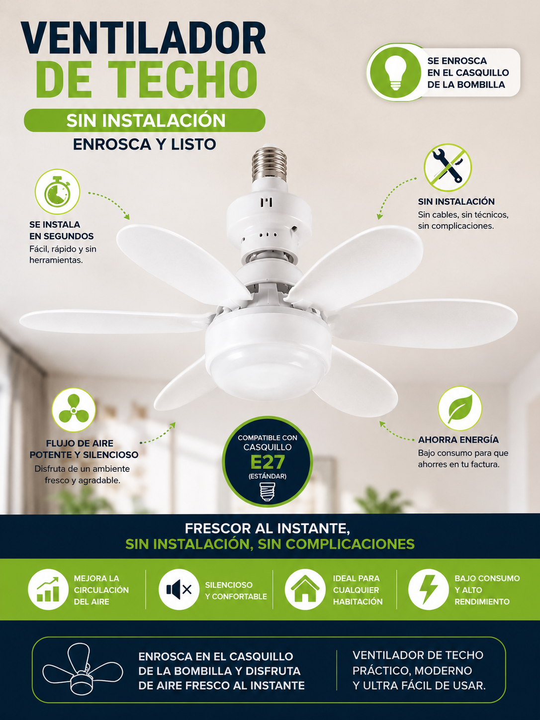 Ventilador de Techo Sin Instalación Ø47- Bajo consumo -Led