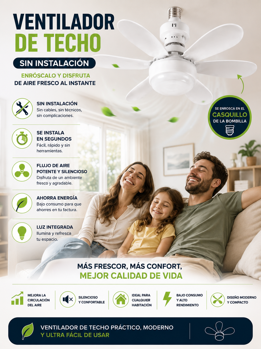 Ventilador de Techo Sin Instalación Ø47- Bajo consumo -Led