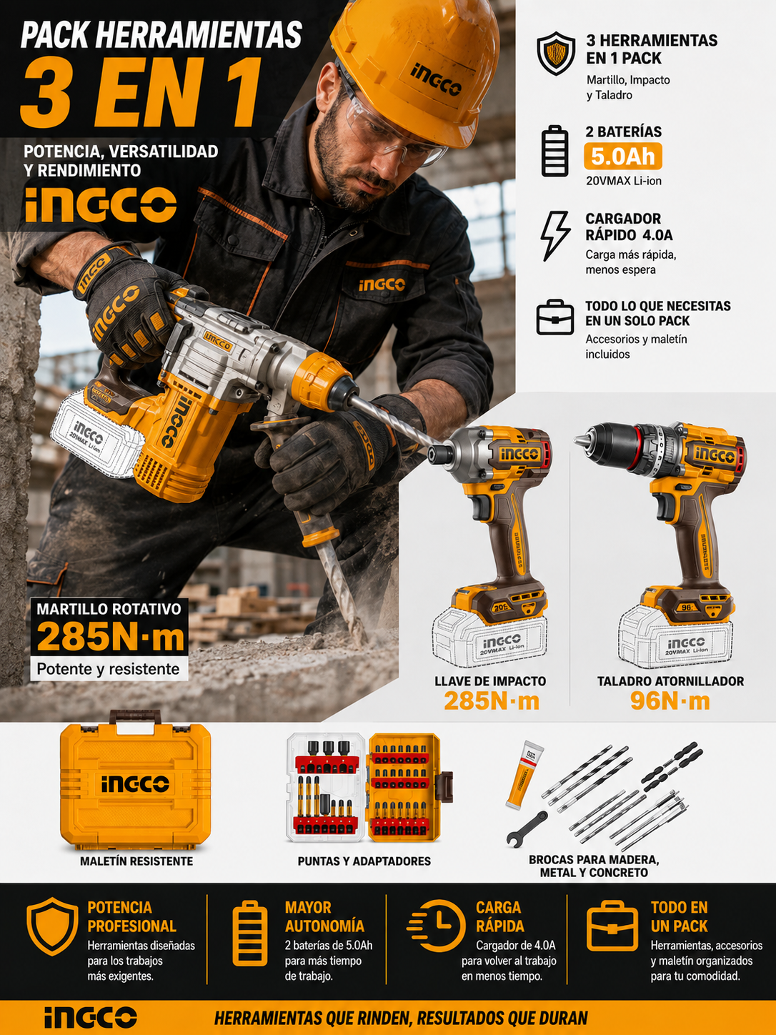 PACK HERRAMIENTA BATERIA INGCO PROFESIONAL